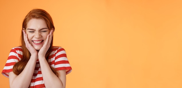 Free Photo closeup cheerful lucky excited smiling girl cannot believe cheering hear excellent news close eyes c