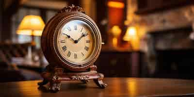 Free photo closeup of a clock face with a cozy room behind