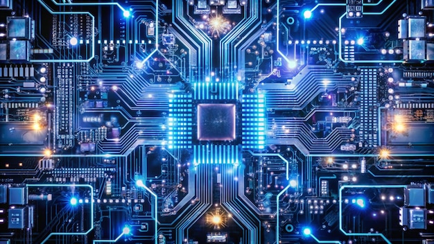 Free photo closeup of a computer circuit board with glowing blue lines