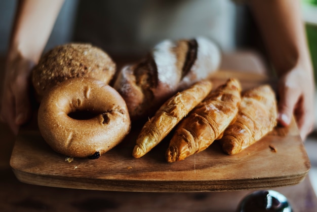 Closeup of fresh baked bread in bakery shop