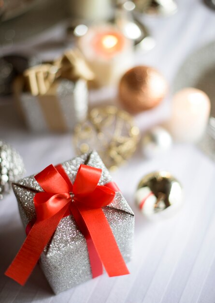 Closeup of gift box christmas celebration on white table