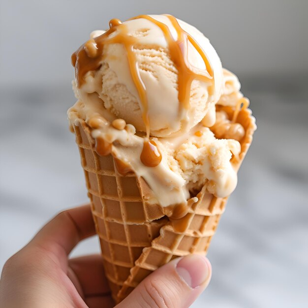 Free Photo closeup of ice cream in waffle cone with caramel sauce