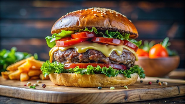 Closeup of juicy cheeseburger with lettuce and tomato on wooden board