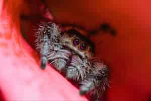 Free photo closeup macro shot of a female regal jumping spider on a flower petal