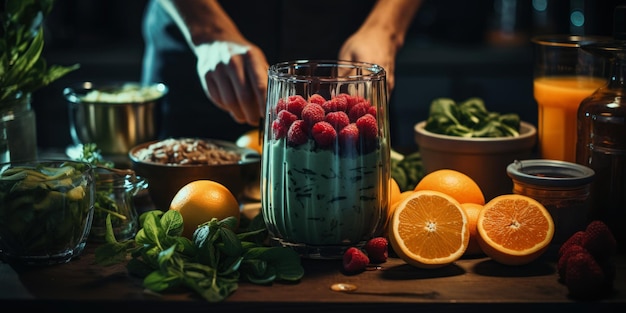 Free photo closeup of male hands preparing smoothie with fresh fruits and berries