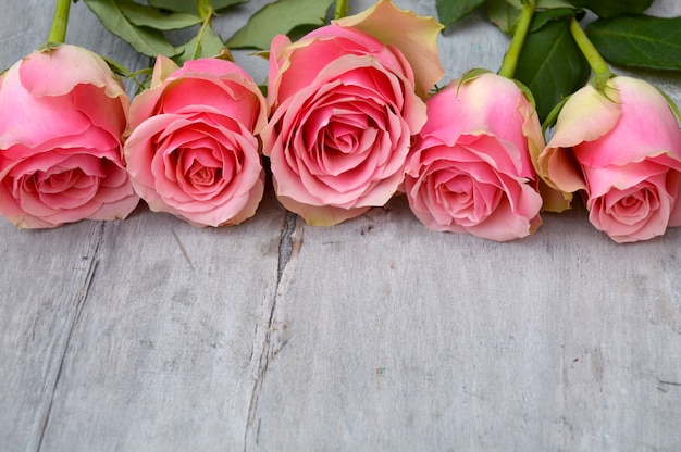 Free photo closeup picture of pink velvet roses on a wooden surface