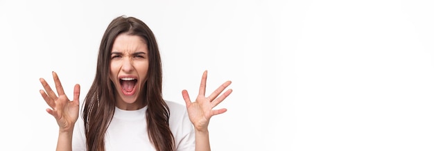 Free photo closeup portrait of angry pissedoff aggressive woman screaming at person shouting and shaking hands