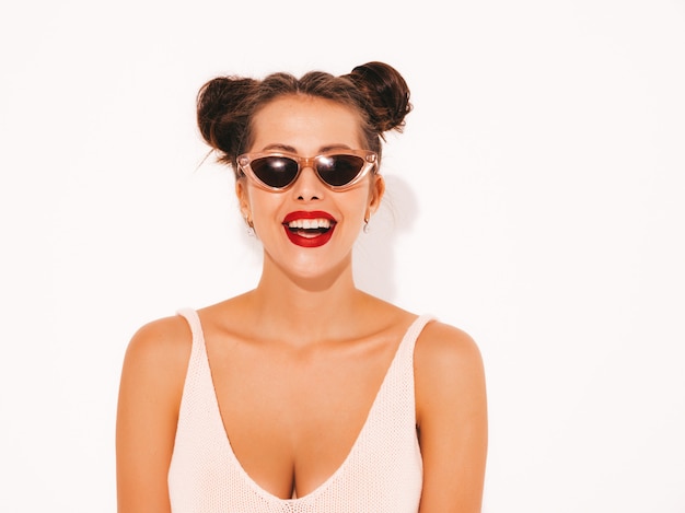 Closeup portrait.Young beautiful sexy smiling hipster woman with red lips in sunglasses.