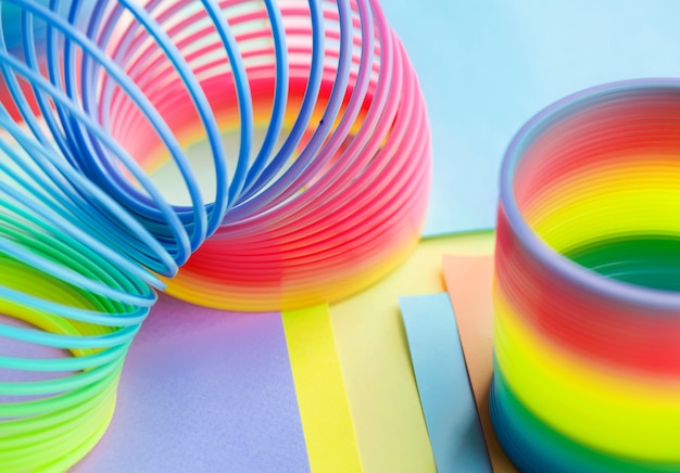 Closeup of rainbow spring toy background