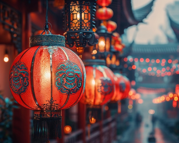 Free photo closeup of red lanterns and new year decorations