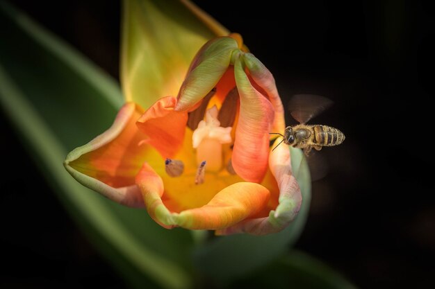 Closeup shot of a bee on an orange flower