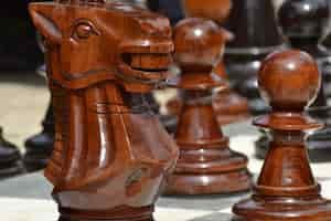 Free photo closeup shot of big wooden outdoor chess figures with a blurred background