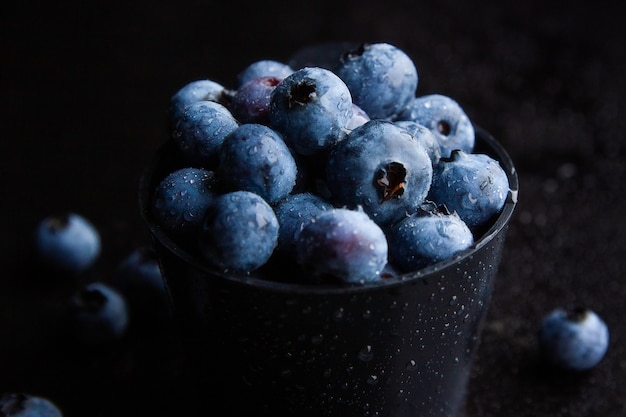 Closeup shot of blueberries in a black bowl