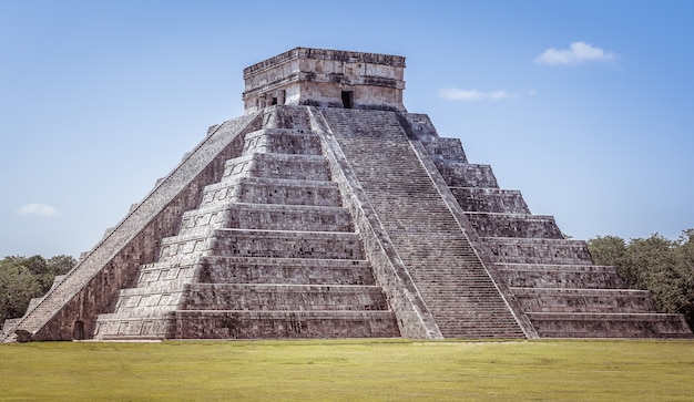 Closeup shot of Chichen Itza in Mexico under a clear blue sky