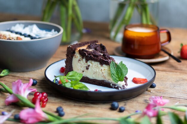 Closeup shot of chocolate cheesecake on the table