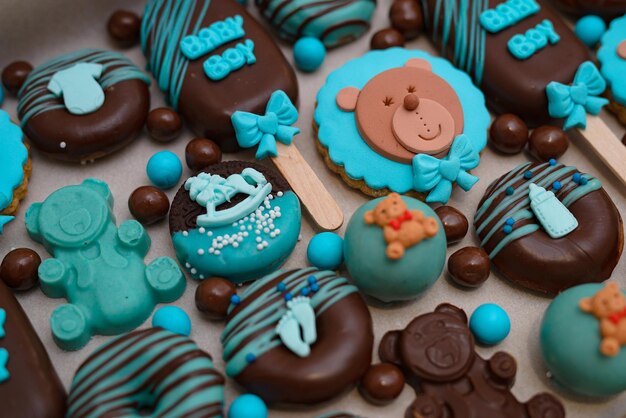 Closeup shot of chocolate cookies for a gender reveal party