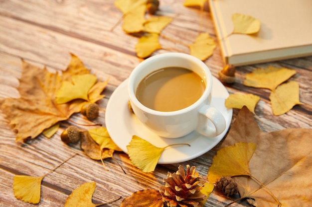 Closeup shot of a cup of coffee and autumn leaves