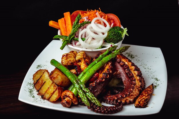 Closeup shot of a delicious roasted octopus dish with roasted asparagus and veggies