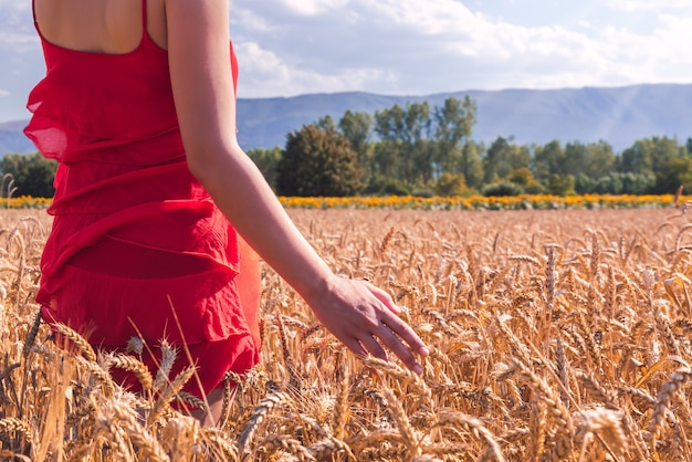 Closeup shot of a female in a red dress in a wheat field on a sunny day