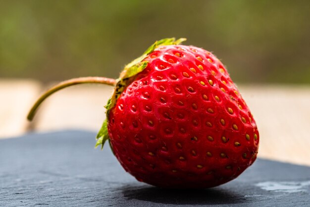 Closeup shot of a fresh strawberry on a blurred background