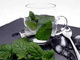 Free photo closeup shot of glass with water and fresh mint on ice