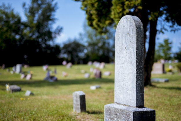 Closeup shot of a gravestone with a blurred background at daytime