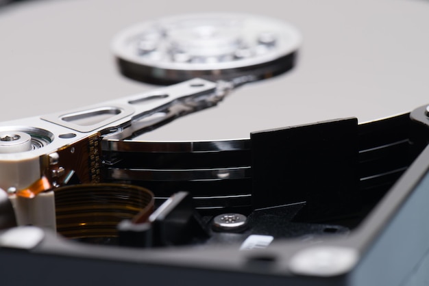 Closeup shot of a hard disc drive. Technology, personal computer material, information storage