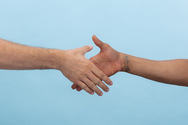 Closeup shot of human holding hands isolated on blue