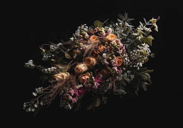 Closeup shot of a luxurious bouquet of orange and brown roses on a black