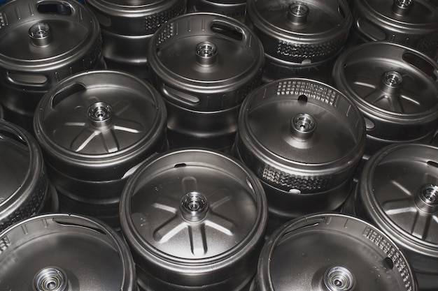 Closeup shot of metal beer kegs