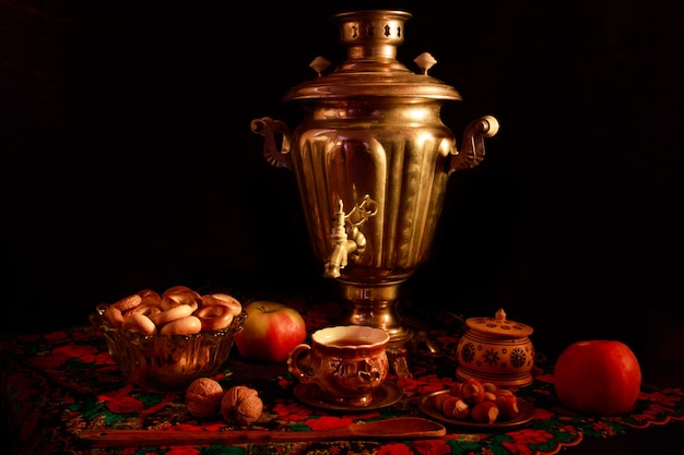 Closeup shot of a samovar in a beautiful interior setting