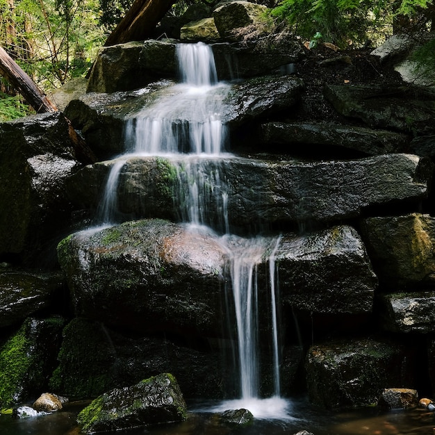 Closeup shot of a small waterfall on the stones in the forest