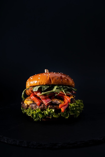 Closeup shot of a tasty looking burger isolated