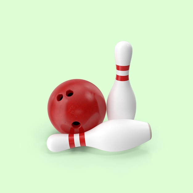 Closeup shot of two bowling pins and a ball on a green background