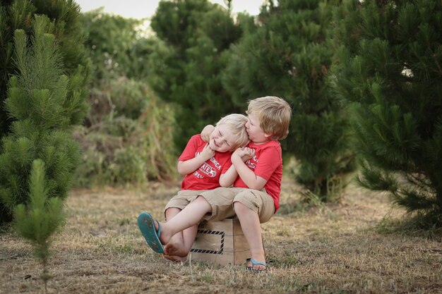 Closeup shot of two white Caucasian kids with blond hair bonding with each other