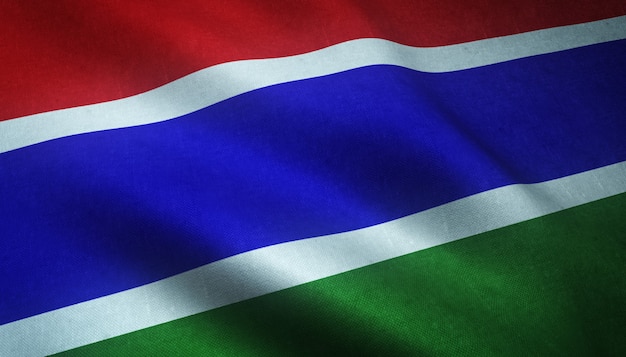 Closeup shot of the waving flag of Gambia with interesting textures