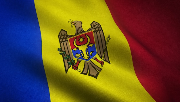 Closeup shot of the waving flag of Moldova with interesting textures