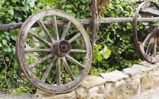 Free photo closeup shot of wooden wheels on a stone border in front of the green plants