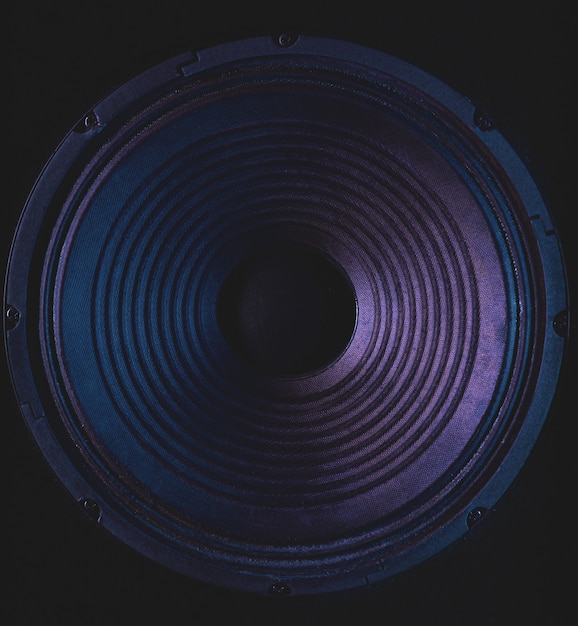 Closeup of stereo loudspeaker on black background.