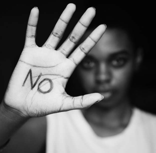 Closeup of woman hand written with no word on palm