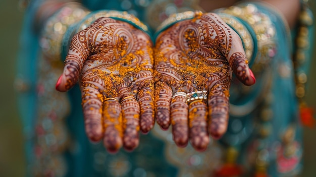 Free photo closeup of a woman in traditional attire with intricate henna designs on her hands