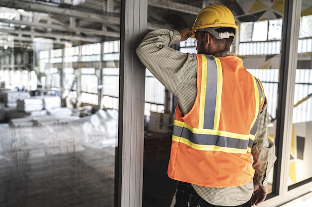 Free photo closeup of the worker standing in front of the windows and looking inside