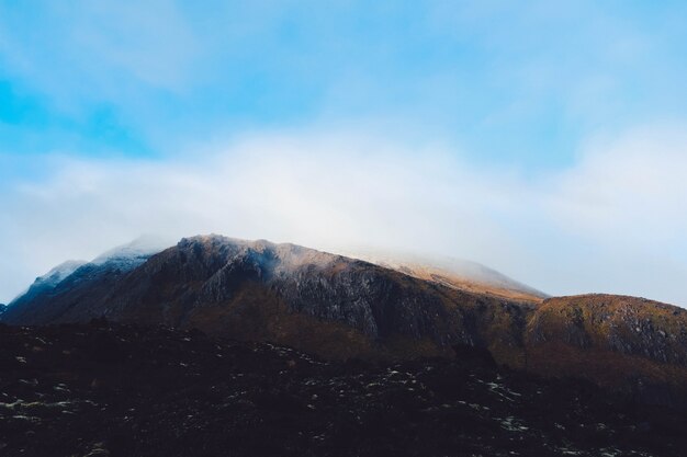 Cloud of smoke coming out of a mountainous scenery touching the sky