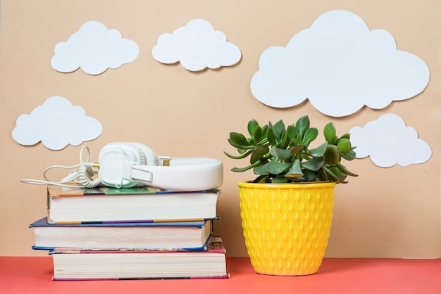 Free Photo clouds and plant near headphones and books