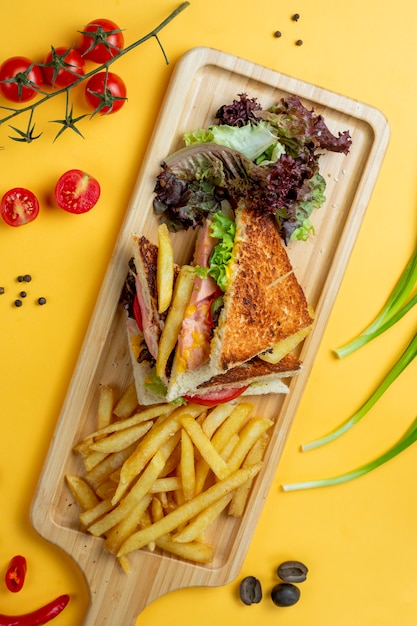 Club sandwich with side herbs and fries _