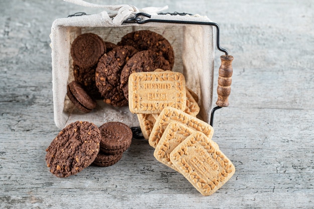 Cocoa and butter biscuits in a basket