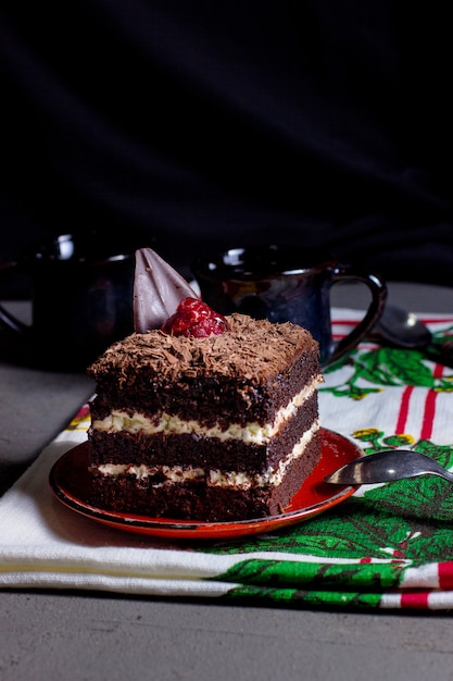 Free photo cocoa cake with white cream garnished with grated chocolate and raspberry