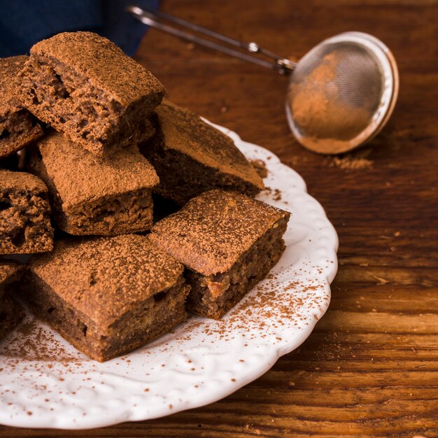 Cocoa powder on chocolate brownies