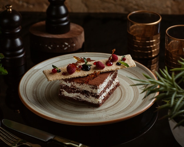 Free photo cocoa tiramisu with sweet cracker and forest berries on the top