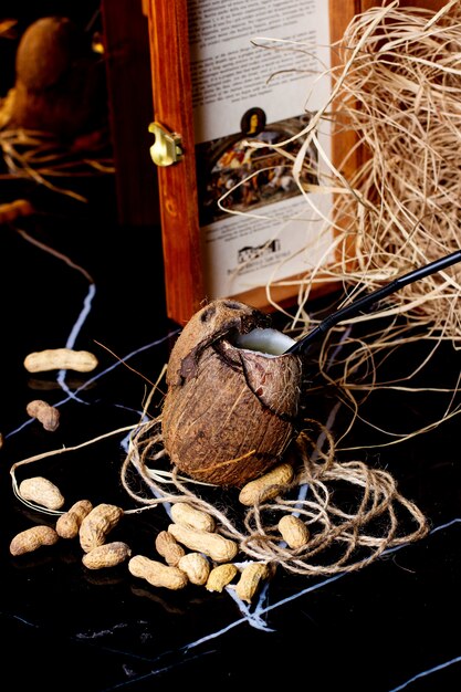 Coconut juice in brown coconut with husk